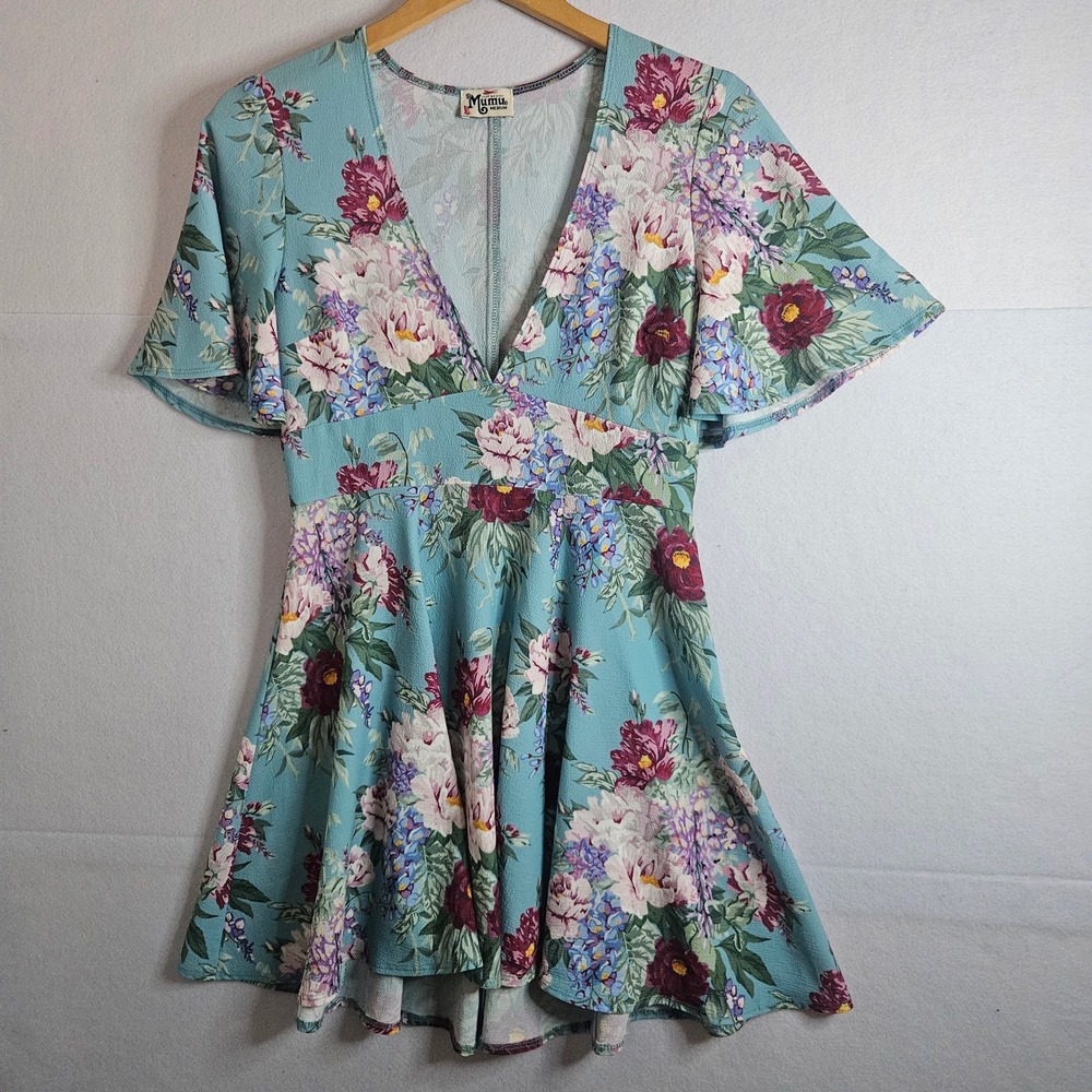 Show Me Your Mumu Aubrey Dress Womens Medium Blue Floral V-Neck Mini Flutter Slv